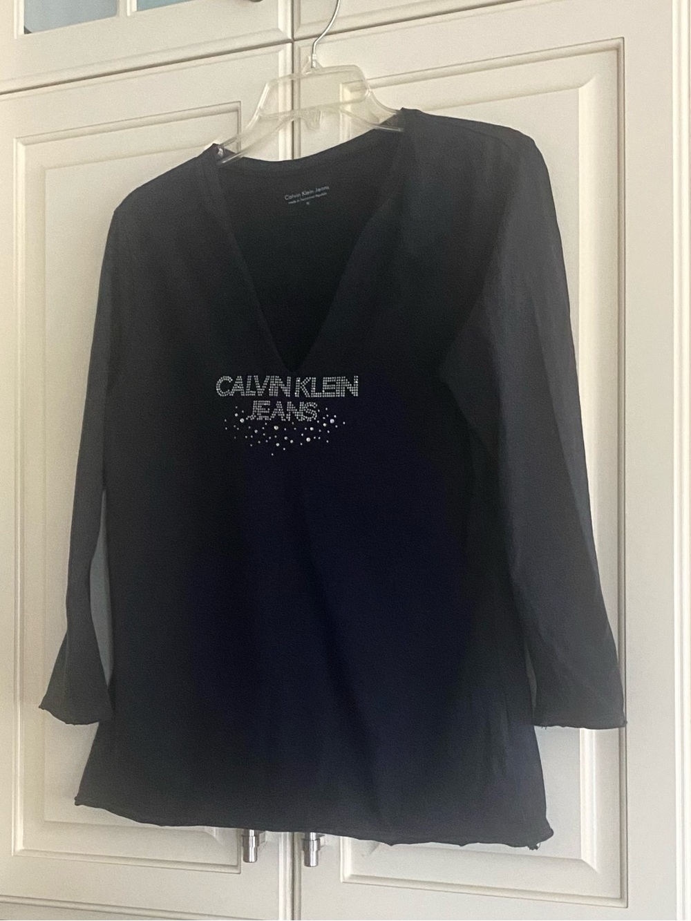 Calvin Klein Jeans Black Long Sleeve V-Neck Top with Rhinestone Logo